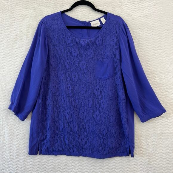 Chicos 2 Blue Purple Lace Button Back Tunic Longline Scoop Neck Shirt Sz L 12 - Picture 1 of 13